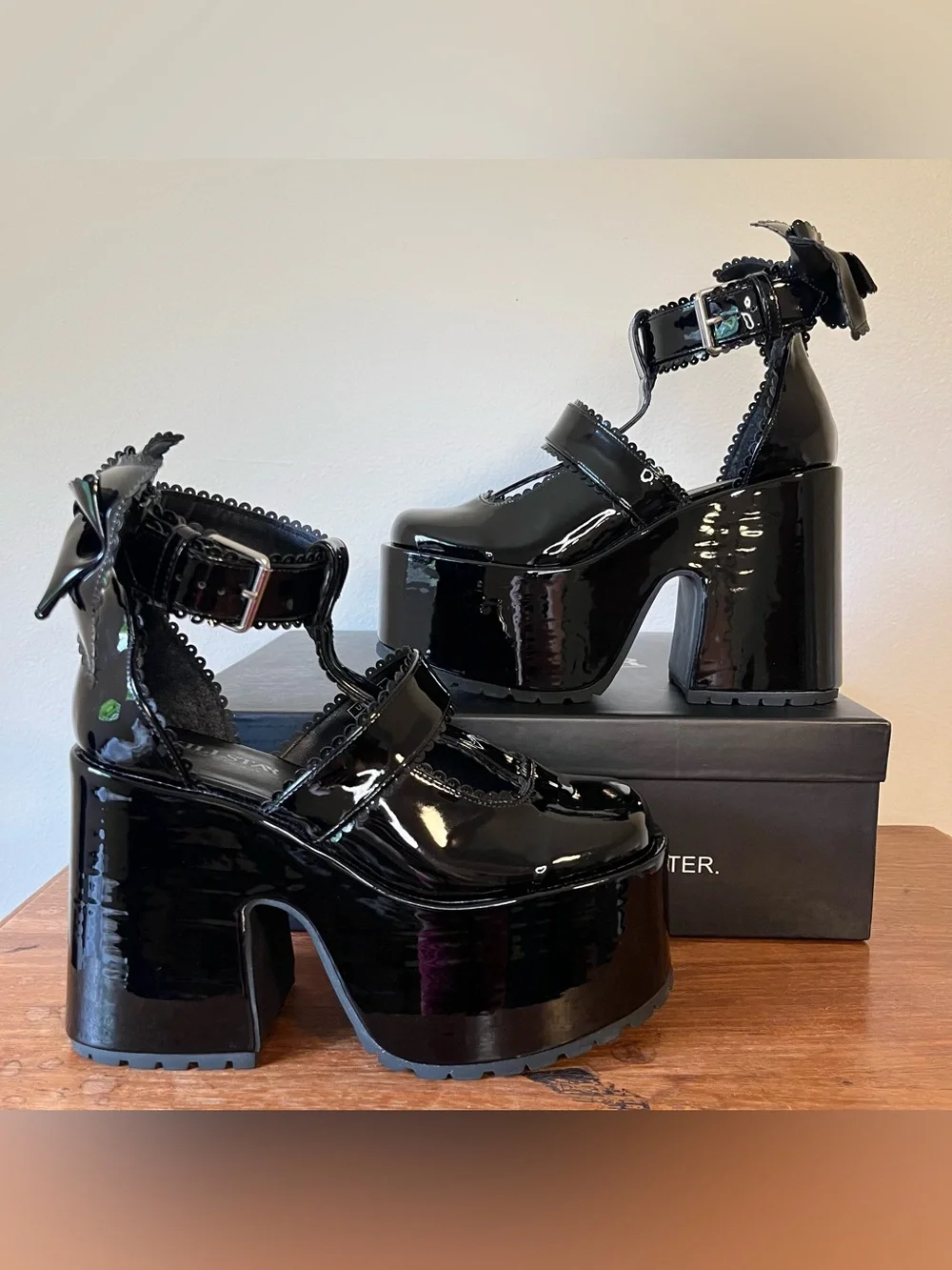 Killstar Pricilla Gothic Lolita Patent Platform Mary Janes w/ Scalloped Trim/Bow